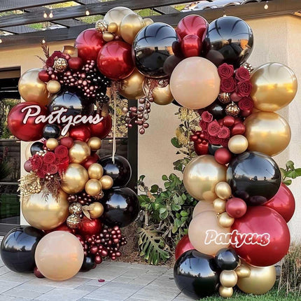 Burgundy Black Balloon Garland Double Stuffed Nude Maroon Gold Balloon Dark Red Apricot Balloon Arch Kit for Birthday Anniversary Halloween Christmas Party Decoration