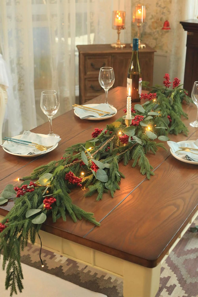 Real Touch Norfolk Pine Garland with Lights, Red Berries and Eucalyptus Leaves, Christmas Garland for Year and Home Decoration, 6FT