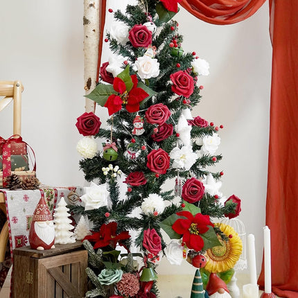 Artificial Flower Box Set Christmas red Themed Floral Decorations，Silk Fake Flowers for DIY Centerpieces Cake Decorations, Xmas Wreath Floral Arrangements Party (Merry Christmas Red)