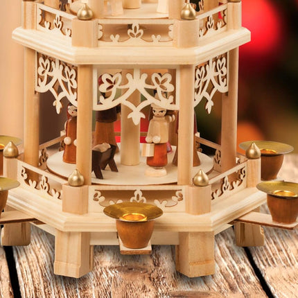German Christmas Decoration Pyramid 18 Inches Nativity Scene. Holiday Nativity Carousel.6 Candle Holders. German Design