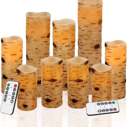 Flameless Candles Birch Bark Effect Battery Operated Candles 4" 5" 6" 7" 8" 9" Set of 9 Real Wax Pillar LED Candles Each Candle 2.2" Diameter with 10-Key Remote Control 2/4/6/8 Hours Timer