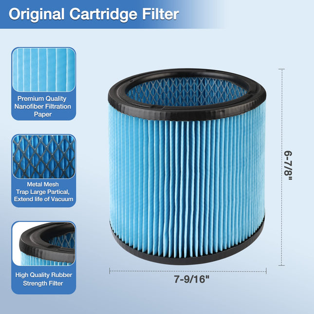 Shopvac High Performance 903509030490344 Cartridge Filter, Fits Most 416 Gallon Shopvac Wetdry Vacuums, High Efficiency Nanofiber Filtration Paper, Reusable, 1 Pack