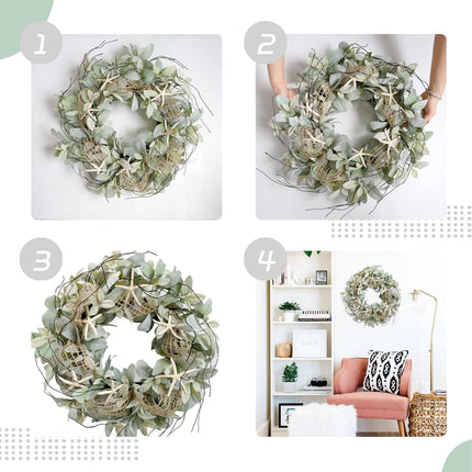 CIR OAOSES 18 Inch Green Ear Lambs Leaves Starfish Wreath for Front Door, Rustic and Farmhouse Spring Summer Greenery Wreath for Inside and Outside, Grapevine Year Round Wreath for Home Decor