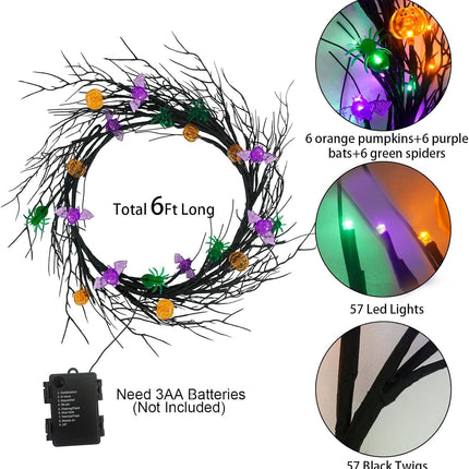 [Timer & 8 Modes] 6Ft 57 LED Halloween Willow Vine Twig Halloween Garland with 6 Orange Pumpkins & 6 Purple Bats & 6 Green Light Spider Waterproof Battery Operated Halloween Light Mantel Wall Decor