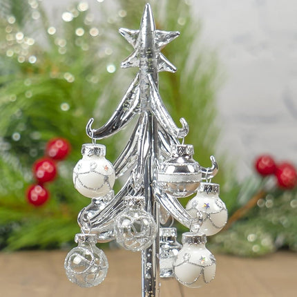 Red Co. 6" Small Metallic Silver Glass Christmas Tree Tabletop Decoration with Glittered Removable Ornaments