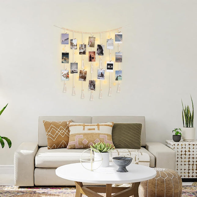 Mkono Macrame Hanging Photo Display Wall Decor with String Lights Boho Room Bedroom Wooden Beads Garland Picture Holder with 30 Clips