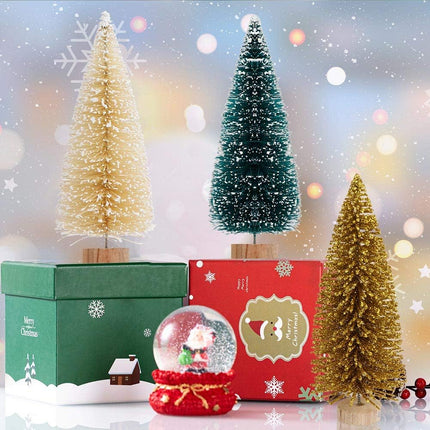 OurWarm 24Pcs Artificial Frosted Sisal Christmas Tree, Bottle Brush Trees with Wood Base DIY Crafts Mini Pine Tree for Christmas Home Table Top Decor Winter Ornaments Green, Gold and Ivory