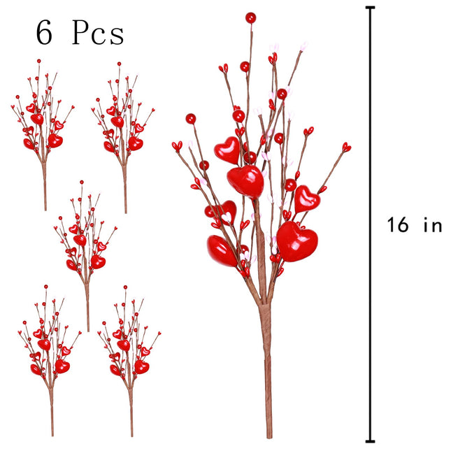 Valentines Day Tree Topper Decorations,6 Pcs Valentine Floral Picks Artificial Flowers with Red Heart and Pink Berry for Galentines Day Tree Ornaments Wedding Holiday Party Home Decor