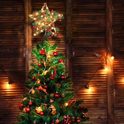 d Star Christmas Tree Topper for Christmas Decorations, Natural Star with Rustic Christmas Ornaments, for Indoor Office Farmhouse Xmas Year Holiday Tree Decorations (Warm White)