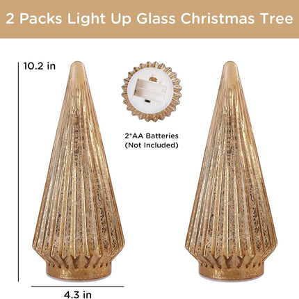 Christmas Decorations Indoor-2PCS Light Up Gold Glass Christmas Tree -Christmas Table Decorations Lighted for Home Living Room Fireplace Tabletop Party