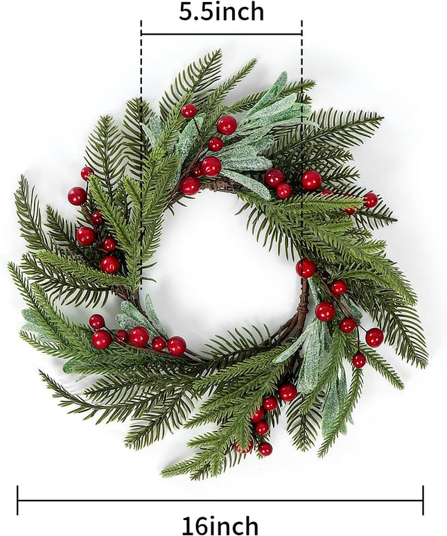 Christmas Wreath for Front Door, 13.78'' Christmas Candle Ring Wreath with Mistletoe Leaves,Berry and Pine Branch for Xmas Table Fireplaces Centerpiece Porch Wall Window Home Decor (1, Red)