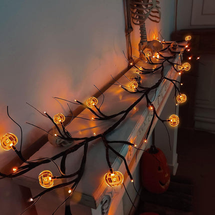 TURNMEON 8 Modes Timer 6 Ft 54 Orange LEDs Halloween Garland with Lights Pumpkins Waterproof Battery Operated Halloween Garland Vine Twig Decor Garland for Wall Bedroom Home Mantel