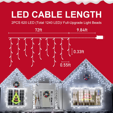 Hezbjiti 620LED Christmas Lights Outdoor 68FT ice Lights with 8 Modes Timer Memory Waterproof String Lights Plug in for Xmas Holiday Eaves Party Yard Garden Decor.
