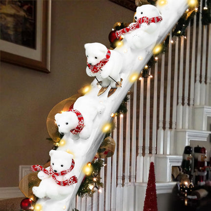 Polar Bear Christmas Staircase Decorations Set Banister Christmas Decorations with 4PCS Skiing Polar Bears & Artificial Snow & LED Lamp Belt, for Home Interior Christmas Stairs Decorations