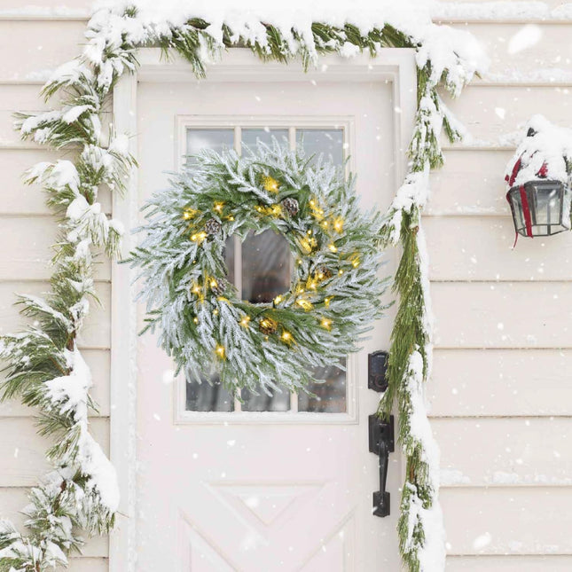 YoleShy 22" Christmas Wreaths for Front Door Real Touch Norfolk Pine Wreath with Snow & Pinecone Outdoor Christmas Wreath Battery Operated with Timer for Window, Fireplace, Wall, Door Decor