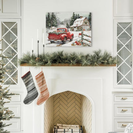 Framed Farmhouse Christmas Wall Decor - Red Truck Carrying s Old White Barn with Festival Ornaments Snowman Welcome Guests Snowy Winter Scene for Holiday Living Room Home Decorations 16"x24"