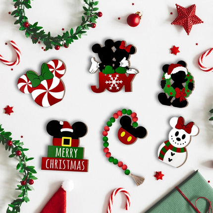 Christmas Tiered Tray Decor, Cartoon Mouse Tray Decorations, Snowman Candy Wooden Signs Wood Bead Garland, Farmhouse Rustic Winter Merry Xmas Decorations for Home Table Shelf Party Holiday 6PCs