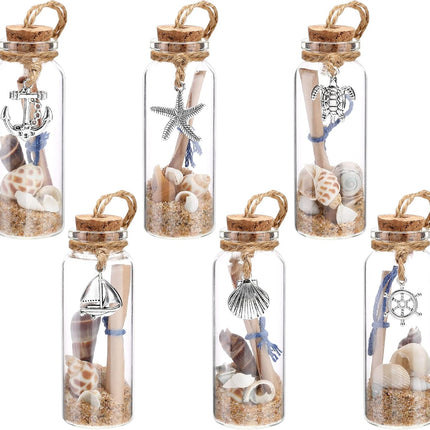 Qunclay 6 Pcs Christmas Coastal Beach Ornaments Glass Bottle Nautical Christmas Beach Decorations Ocean Message Bottle Hanging Ornaments with Seashell for Xmas Wedding Baby Shower Party Favors