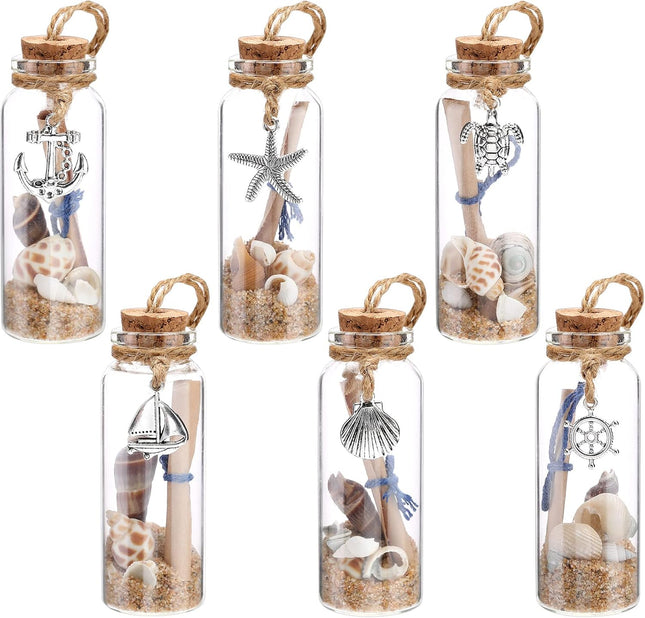 Qunclay 6 Pcs Christmas Coastal Beach Ornaments Glass Bottle Nautical Christmas Beach Decorations Ocean Message Bottle Hanging Ornaments with Seashell for Xmas Wedding Baby Shower Party Favors