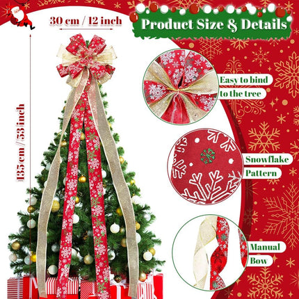 Christmas Tree Topper Bow, 53 x 12 Inch Red Ribbon Tree Topper Bow, Artificial Xmas Tree Flower Topper Decor for Party, Xmas Decorations and Home Decor