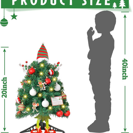 20" Elf Mini Christmas Tree with Head Arms and Legs Small Christmas Tree Tabletop Christmas Tree with Lights Decorative Christmas Ornaments for Home Party Decor