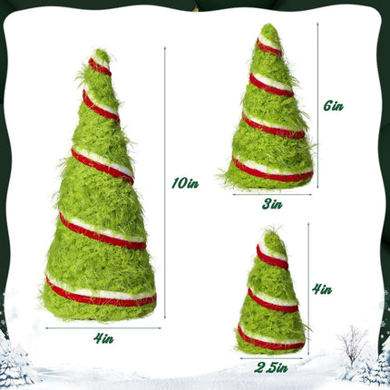 Grinchmas Christmas Decorations, 3Pcs Green Christmas Cone Tree Plush Fur Swirl Surface Cone Christmas Trees, Christmas Decor for Xmas Year Winter Holiday Home Décor