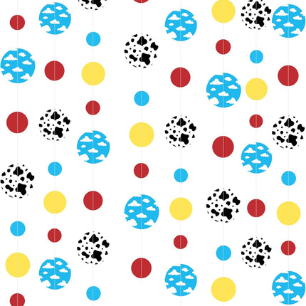 Cartoon Story Party Decorations Blue Yellow Red Circle Dot with Cloud and Cow Print Polka Dots Garland Streamer for Kids Birthday Baby Shower Toy and Story Carnival Theme Party Decorations Supplies