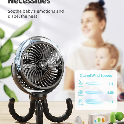Misting Stroller Fan, 6000Mah Battery Operated Portable Fan With Light 360° Pivoting, Personal Fan With Flexible Tripod For Baby