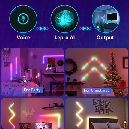 Lepro WL1 AI Smart RGB Wall Lights for Christmas Decorations, LLM AI Generated Lighting with LightBeats Music Sync, Voice Control Via App, Wi-Fi & Bluetooth LED Light Bars, 6 Pcs with 2 Corners