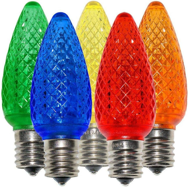 25 Pack Multi-Color C9 LED Replacement Bulbs Faceted Multi-Color LED Christmas Light Bulb 2 SMD LED diodes in Each Bulb Fits E17 Socket Commercial Grade Indoor and Outdoor Use
