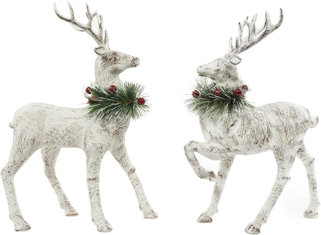 Christmas Reindeer Figurines Holiday Decoration White Deer Stag Standing Indoor Decorative Ornaments with Green Pine Wreath For Xmas Winter Fireplace Desk Party Wonderland Decor, 12", 2packs