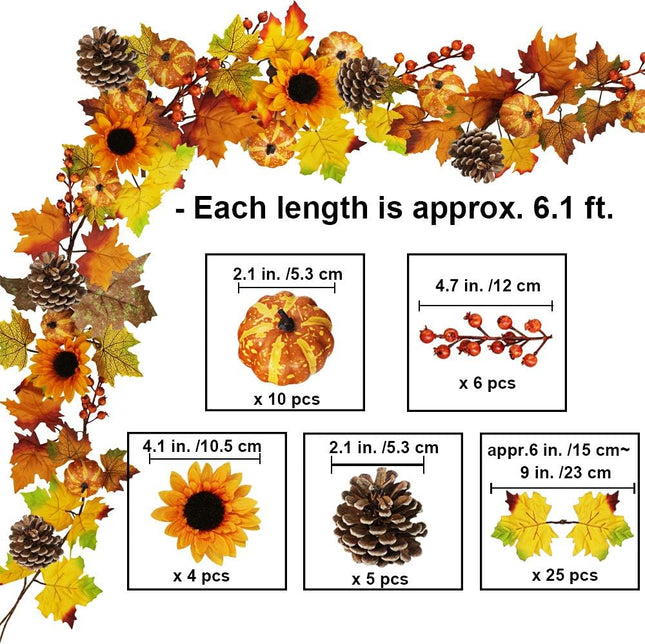 2 Pack Fall Maple Leaf Garland - 6ft/Piece Artificial Berries Sunflower Pumpkin Autumn Garland Decoration for Wedding Party Thanksgiving Dinner Fireplace Door Frame Doorway Backdrop Decor