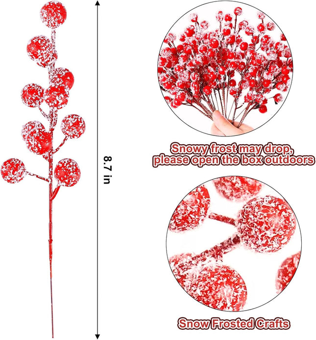 50 Pcs Holly Berry Stems, 8.7" Snow Sprays Artificial Red Berry Stems, Holly Berry Picks for Christmas Tree Fillers Decor, Fake Red Berries for DIY Crafts Wreaths Garland Home Party Winter Decor