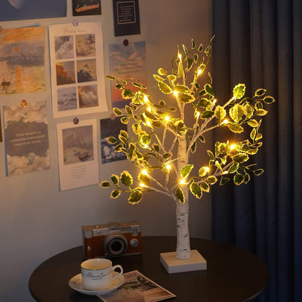 Green Leaf Birch Tree with LED Lights, 2 feet 24 LED Warm Light Up Christmas Tree, Timer Battery Operated or USB Plug in Tabletop Tree Lamp for Wedding Home Decoration