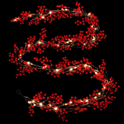 Crowye 1 Pcs 9 Ft Pre Lit Red Berry Christmas Garland with Lights Pip Berry Garland Battery Operated Vine Lights Xmas String Lights Christmas Lighted Garland Decor for Home Mantle Party Decoration