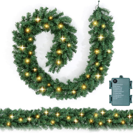 2-Pack 9FT Battery Operated Christmas Garland with Timer, Prelit Christmas Garland with 50 LED Lights, Christmas Decorations for Mantel, Door Stairs Wall, Indoor Outdoor