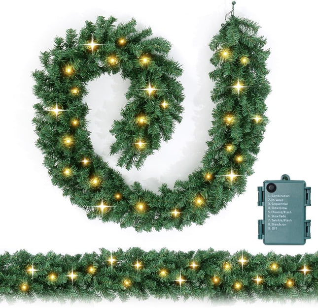 2-Pack 9FT Battery Operated Christmas Garland with Timer, Prelit Christmas Garland with 50 LED Lights, Christmas Decorations for Mantel, Door Stairs Wall, Indoor Outdoor