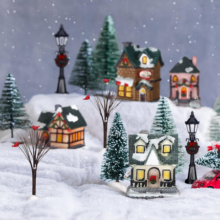 Queekay Christmas Winter Village Houses Set Christmas Miniature Resin Ornament Kits Christmas Cedar Bare Branch Tree Street Lamp Room Decor(Retro Style)