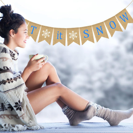 Doumeny Let It Snow Burlap Banner Winter Snowflake Garland Banner Xmas Be Merry Bunting Banner Blue White Snowflake Party Banner Merry Christmas Hanging Banner for Holiday Home Fireplace Mantel Decor