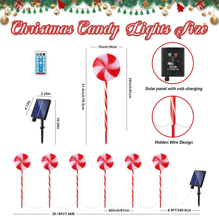 Solar Christmas Pathway Lights Outdoor 6 Pack, 31.4" Lollipops Peppermint Stake Lights 8 Modes, Remote Control USB Charge Candy Cane Christmas Decorations Outdoor for Xmas Yard Walkway Patio Decor