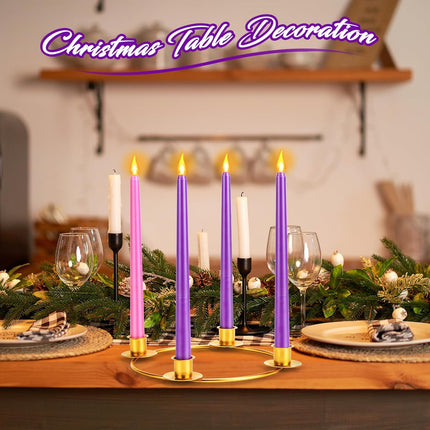 4 Pieces Christmas Flameless Advent Candle Set with Gold Metal Advent Wreath Ring Candle Holder Purple Pink Taper Flameless Candles for Christmas Advent Home Table Decorations