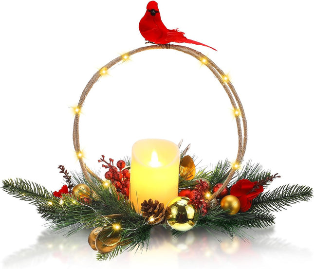 Christmas Centerpiece with Candle Holder Christmas Candle Holder with Cardinal Pinecone Christmas Candle Wreath Christmas Table Decorations for Christmas Party Festival Home Table Decor