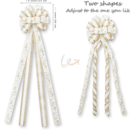 Christmas Tree Topper Bow，53x15 Inches Large Christmas Bow with Glitter Streamer and Patterned Ribbon，Decorative Bows for Xmas Tree Wreath Door Festival Home Decor(White Gold)