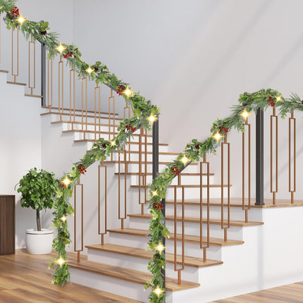 Christmas Garland with Lights, Pre-lit 6.25 FT Artificial Greenery Pine Cedar Eucalyptus Garland, Natural, Battery Operated, Decorate Mantle, Fireplaces, Front Door, Stairs Railing Xmas Decorations