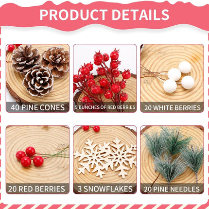 108 Pcs Christmas Ornaments Pine Cones Berry Pine Branch Set Xmas Decorations for Home, Pinecones for Crafts Vase Filler Wreath Christmas Table Decor