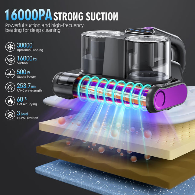 Uniqus Mattress Vacuum Bed Vacuum Cleaner With Uv 16Kpa Suction Hepa Filter 253.7Nm Uvc Light & 30000 Rpmmin Brushroll Rotation & Heating & Ultrasonic Quintuple Tech, Widened Suction Port, 500W, Corded