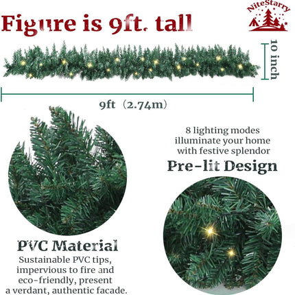2-Pack 9FT Battery Operated Christmas Garland with Timer, Prelit Christmas Garland with 50 LED Lights, Christmas Decorations for Mantel, Door Stairs Wall, Indoor Outdoor