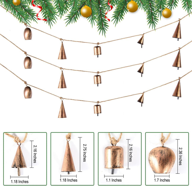 10 FT Christmas Bells Garland, Vintage Cow Bells Garland Gold Metal Bells with Jute Hanging Rope, Lucky Cowbell for Christmas Decoration,Perfect for Doors, Windows, Mantle, Wreaths, etc