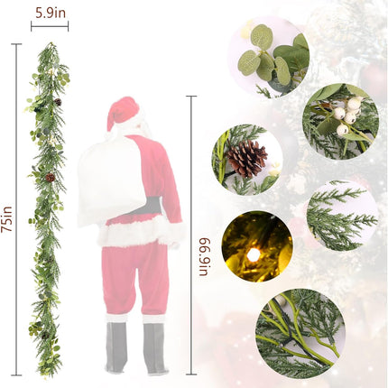 6ft prelit Lighted Christmas Garland with LED Lights,Battery Powered with Pine Cones,Eucalyptus Leaves,Berries, Pine Needles,Christmas Garland for Fireplace Mantle Decorations. (White Berries)