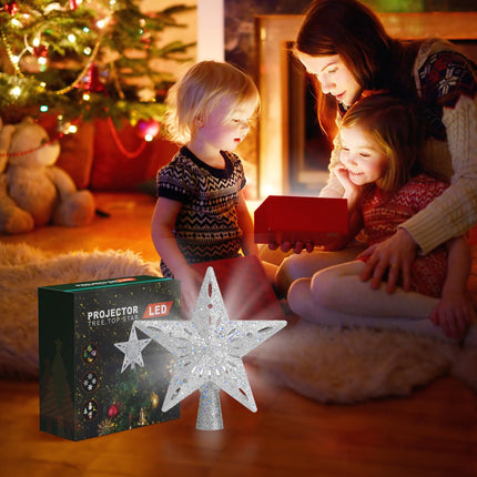 Christmas Tree Topper Lighted with 6 Pattern Projection Modes, Christmas Star Tree Topper Built-in LED Rotating Lights, 3D Glitter Projector for Christmas Decorations (Silver)